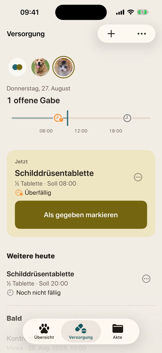 Versorgung: die fällige Gabe als Fokusfläche mit „Als gegeben markieren“.